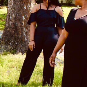 Beige by eci Black Ruffle Open Shoulder Stretch Jumpsuit SZ M